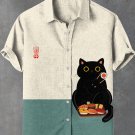 Men's Japanese Funny Sushi Black Cat Art Print Linen Blend Shirt