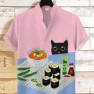 Men's Japanese Ramen Sushi Black Cat Print Linen Blend Shirt