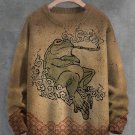 Men's Japanese Retro Smoking Frog Art Painting Print Knit Sweatshirt