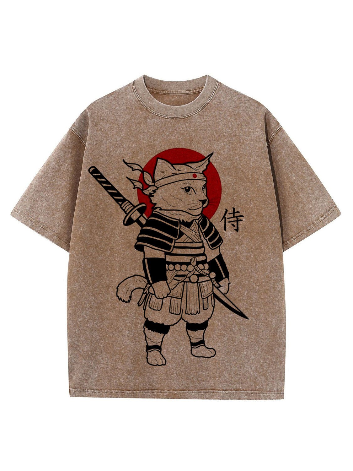 Men's Japanese Samurai Cat Print Casual T-Shirt