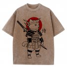 Men's Japanese Samurai Cat Print Casual T-Shirt