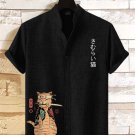 Men's Japanese Sushi Samurai Cat Print Casual Linen Blend Shirt