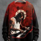 Men's Jesus Playing Piano Oil Painting Print Knit Sweatshirt