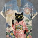 Men's Kimono Black Cat Flowers Fireworks Print Shirt