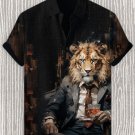 Men's Lion Gentleman In The Bar Art Print Linen Blend Shirt