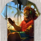 Men's Lion Relaxing Listening To Music Vacation Art Print Casual Shirt