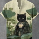 Men's Lotus Pond Japanese Kimono Cat Tea Art Print Shirt