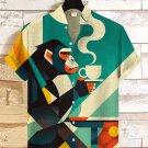 Men's Monkey Drinking Coffee Leisurely Geometric Color Block Art Print Casual Shirt