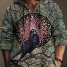 Men's Mysterious Crow Print Hooded Shirt
