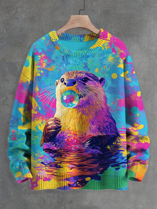 Men's Neon Otter Blowing Bubble Gum Hippie Print Knit Sweatshirt