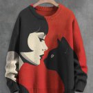 Men's Nostalgia Cat Female Profile Art Print Knit Sweatshirt
