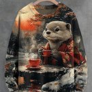 Men's Otters Drinking Tea In Winter Art Print Knit Sweatshirt