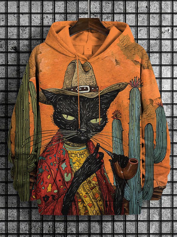 Men's Pipe Western Cowboy Black Cat Art Print Hooded Sweatshirt