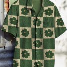 Men's Plaid Color Block Lucky Clover Art Print Pocket Casual Shirt