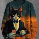 Men's Play Poker With Cat Print Casual Sweatshirt