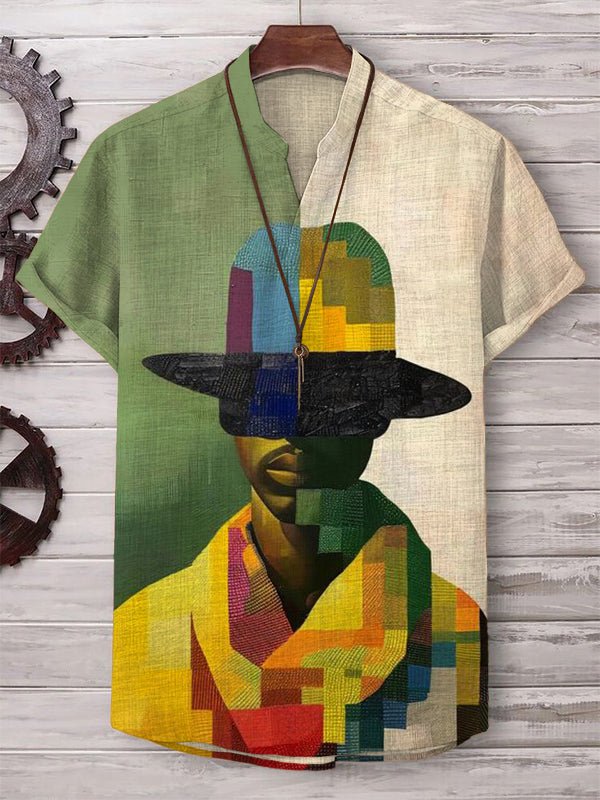 Men's Portrait Color Block Geometric Art Print Linen V Neck T-Shirt