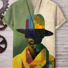 Men's Portrait Color Block Geometric Art Print Linen V Neck T-Shirt