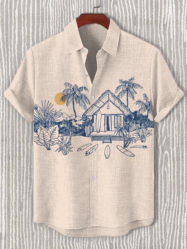 Men's Resort Beach Scenery Art Print Short Sleeve Shirt
