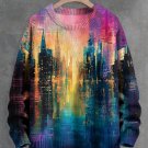 Men's Retro Abstract City Scenery Art Print Knit Sweatshirt