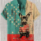 Men's Retro American Flag Bulldog Art Print Linen Blend Short Sleeve Shirt