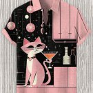 Men's Retro Cat Cocktail Party Art Print Linen Blend Shirt