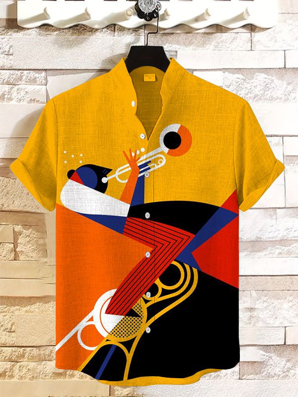 Men's Retro Color Block Splicing Art Trumpeter Abstract Print Short Sleeve Linen Blend Shirt