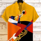 Men's Retro Color Block Splicing Art Trumpeter Abstract Print Short Sleeve Linen Blend Shirt