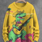 Men's Retro Cowboy Dinosaur Playing Guitar Sci-Fi Art Print Knit Sweatshirt