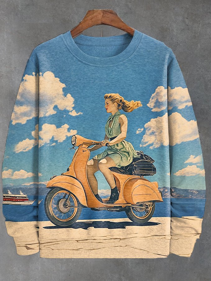 Men's Retro Electromobile Seaside Atmosphere Art Print Casual Sweatshirt