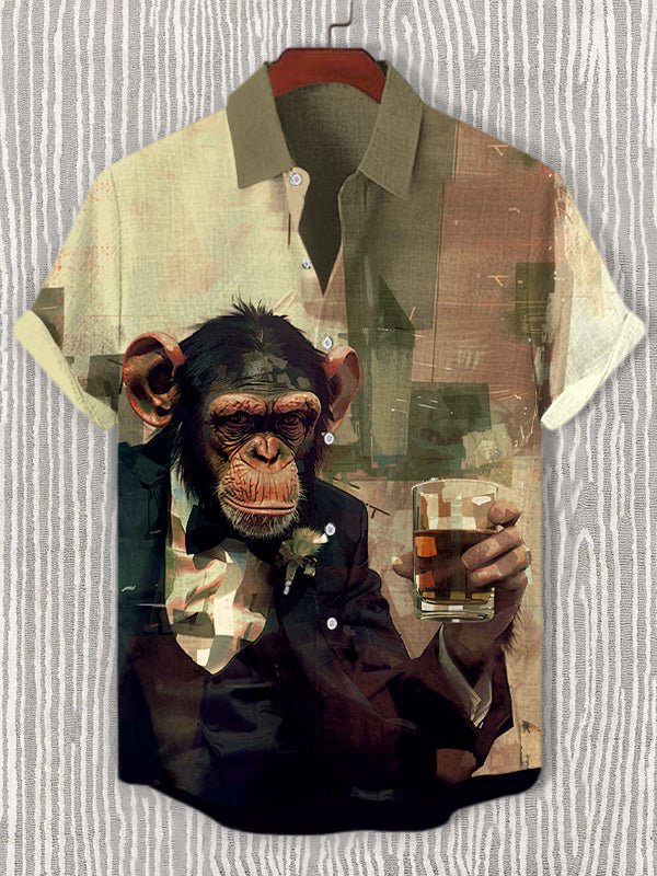 Men's Retro Gentleman Monkey Drinking Art Print Casual Shirt
