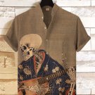 Men's Retro Japanese Art Painting Of Skull Playing Guitar Print Linen Blend Shirt