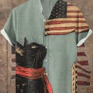 Men's Retro New York City Patriotic Black Cat Print Linen Blend Shirt