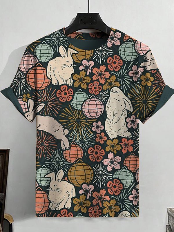 Men's Retro Rabbit Colored Egg Sakura Art Print T-Shirt