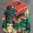 Men's Retro Robot Dinosaur Fighting Sci-Fi Art Print Knit Sweatshirt