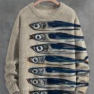 Men's Retro Sardines Art Print Knit Sweatshirt