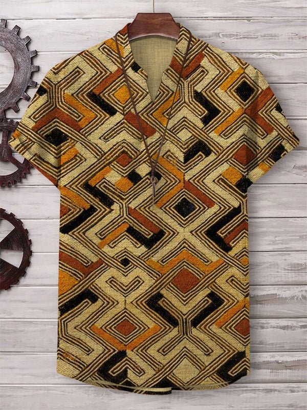 Men's Retro Traditional African Patterns Cotton And Linen V Neck T-Shirt