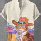Men's Retro Western Cat Cowboy Watercolor Print Linen Blend Shirt