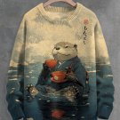 Men's River Kimono Otter Tasting Tea Japanese Art Print Knit Sweatshirt