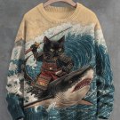 Men's Samurai Cat And Shark In The Waves Art Print Knit Sweatshirt