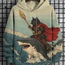 Men's Sea Warrior Cat And Shark Print Hooded Sweatshirt