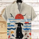 Men's Seaside Dog Sunrise Scenery Print Linen Blend Shirt