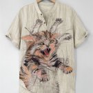 Men's Sketch Art Crazy Cat Print Half Button Shirt