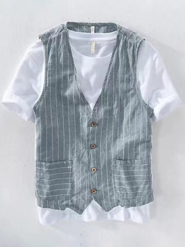 Men's Striped Single Breasted Vest Plain T-Shirt Two Piece Set