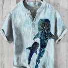 Men's Summer Ocean Dolphin Bronzing Print Half Button Linen Blend Shirt