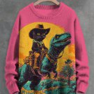 Men's The Fantasy Journey Of Cowboy Black Cat And Dinosaur Print Knit Sweatshirt