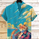 Men's Tiger Drinking At The Seaside Art Print Short Sleeve Casual Shirt