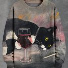 Men's Tuxedo Cat Wine Print Casual Sweatshirt