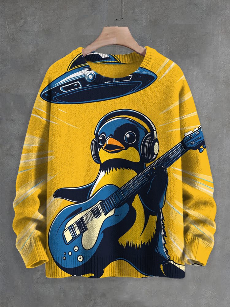 Men's UFO Penguin Guitar Player Art Print Knit Sweatshirt