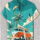 Men's Vacation Style Seaside Bus Birds Cat Illustration Print Casual Shirt