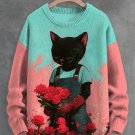 Men's Valentine's Day Black Cat Picking Roses Print Knit Sweatshirt